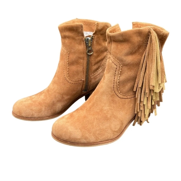 Sam Edelman Louie Western Boot Caramel Brown Suede Fringe US Size 9 Block Heel - Picture 1 of 12